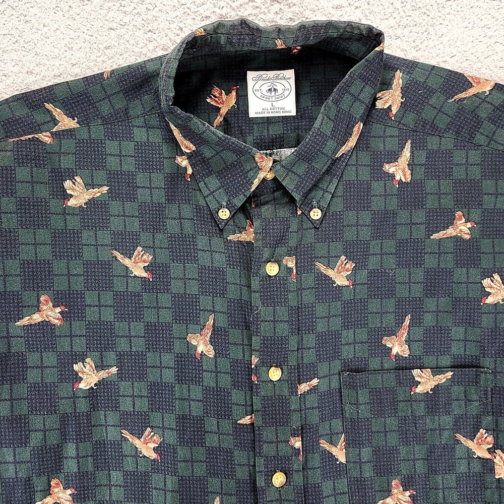 Brooks Brothers Shirt Mens Large Green Animal Print Vintage Sport Shirt‎ - Picture 2 of 8